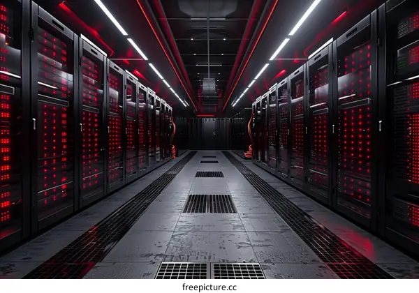Futuristic Sci-Fi Server Room With Glowing Red Lights