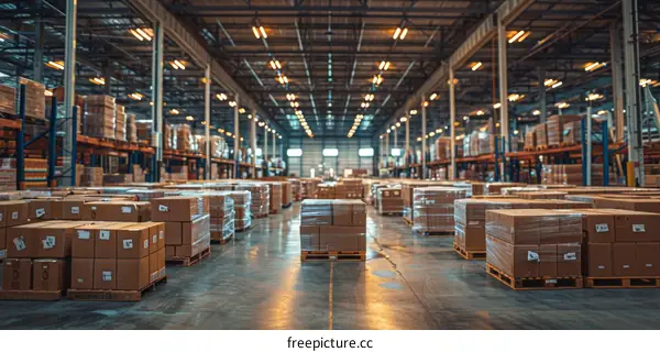 Warehouse with Cardboard Boxes on Shelves and Floor