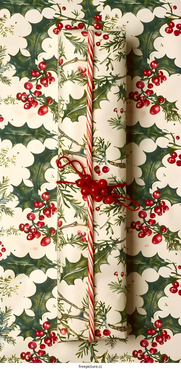 Christmas Gift Wrapping Paper with Holly and Berries Design