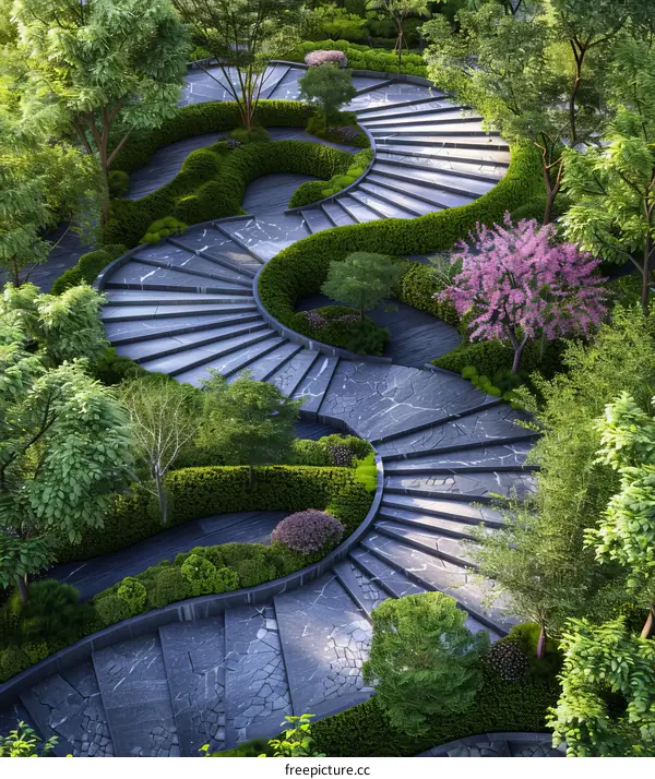 Winding Stone Staircase in a Lush Garden