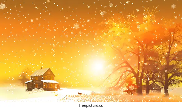 Winter Landscape with Cabin and Snowfall