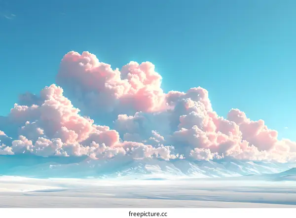 A beautiful landscape of pink clouds over snow-capped mountains.