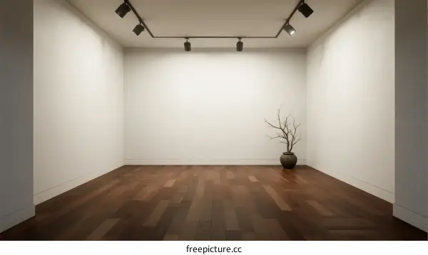 Empty white walled room with wooden floor and single potted plant