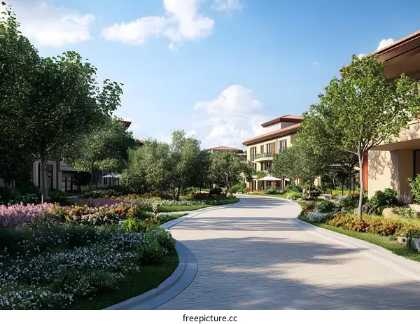 Modern Architecture with Cobblestone Path and Lush Greenery