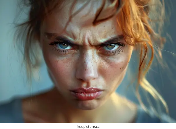 Close-up Portrait of a Caucasian Woman with Intense Expression