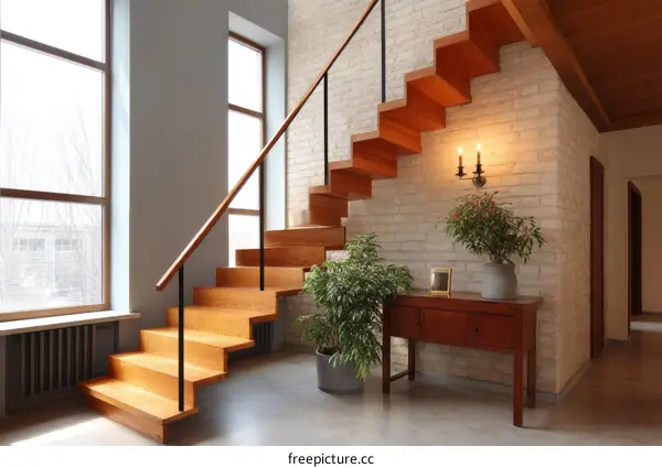 Modern Wooden Staircase in a Stylish Interior