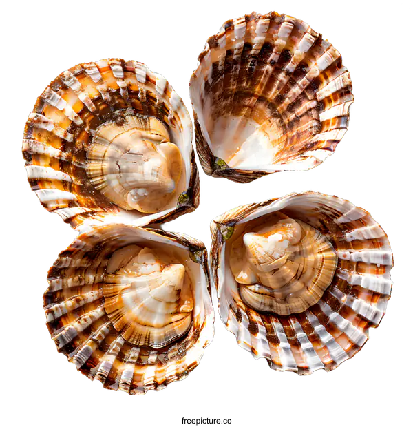[Transparent Background PNG]Four Fresh Scallops on White Background