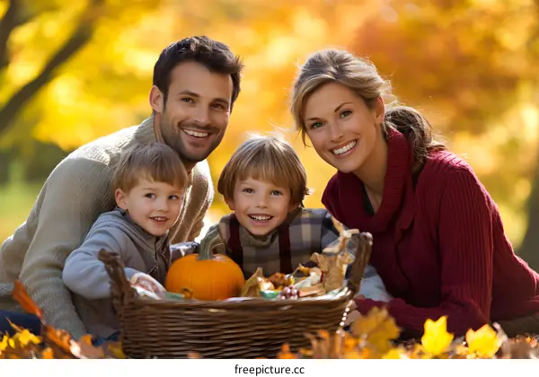 Happy Family of Four Enjoying Autumn Day with Pumpkin in Basket