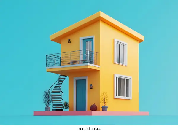 Yellow House with Balcony and Spiral Staircase