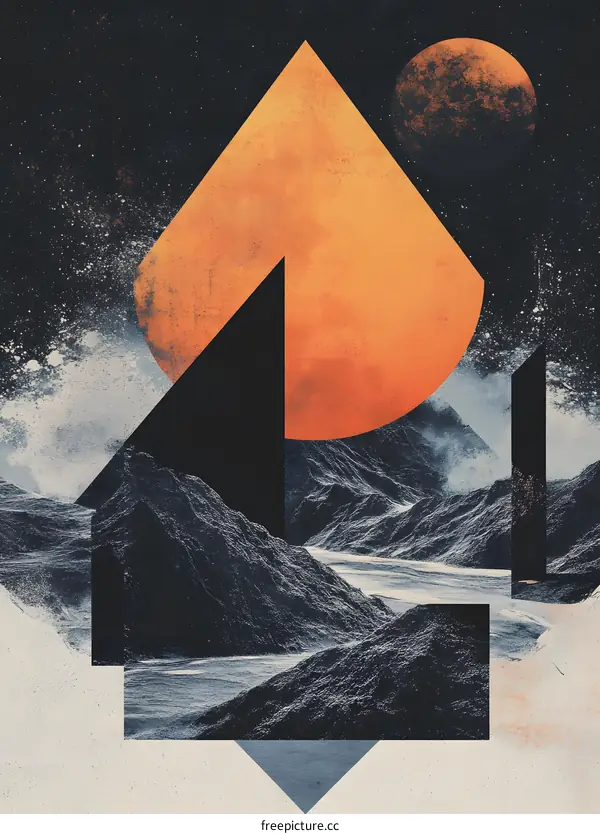 Abstract Geometric Mountain Landscape with Orange Sun and Black Triangles