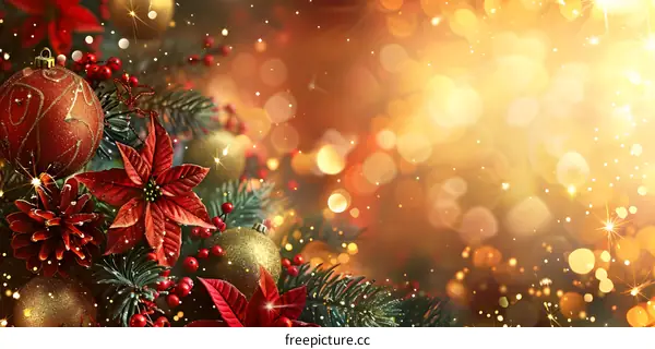 Christmas decoration with red and gold ornaments and poinsettia flowers on a blurred background with golden bokeh lights