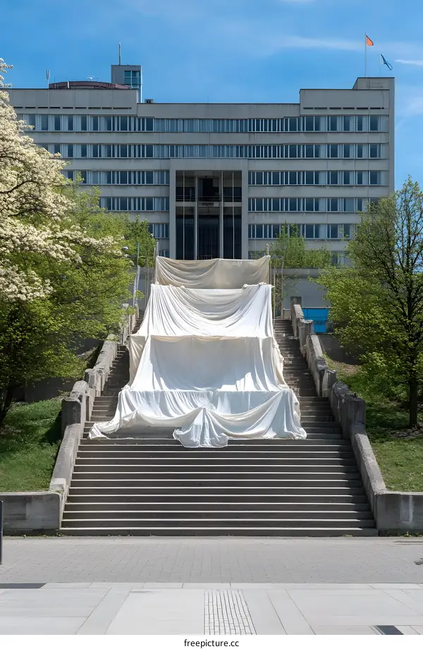 Building Renovation With White Tarpaulin Covering Stairs
