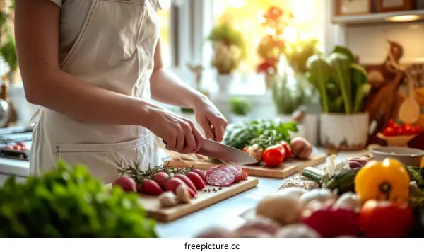 Caucasian woman chopping vegetables and sausage in the kitchen