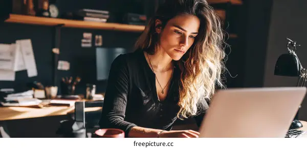 Focused Woman Working on Laptop in Cozy Workspace