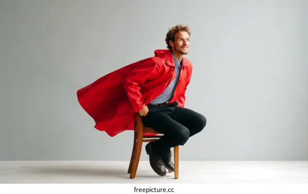 Stylish Caucasian Man Sitting in Chair with Red Cape