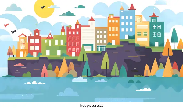 Colorful Illustration of a Cityscape with Buildings and Trees by the Water