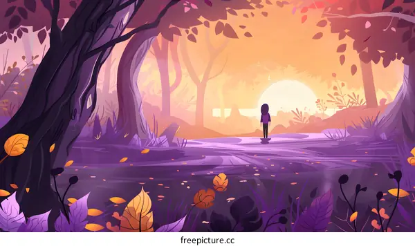 Silhouette of Woman in Purple Forest at Sunset