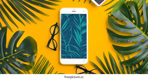 Tropical Leaves and a Smartphone on a Yellow Background