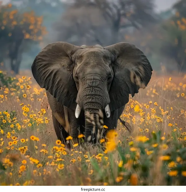 African Elephant in a Field of Yellow Flowers