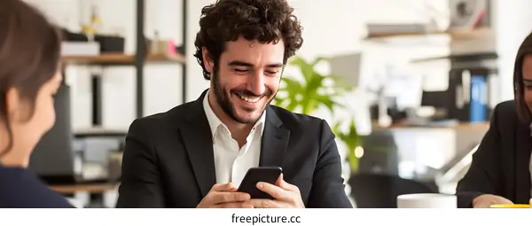Smiling Businessman Using Smartphone In Office Meeting