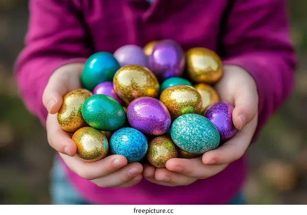 Childrens Hands Holding Colorful Easter Eggs