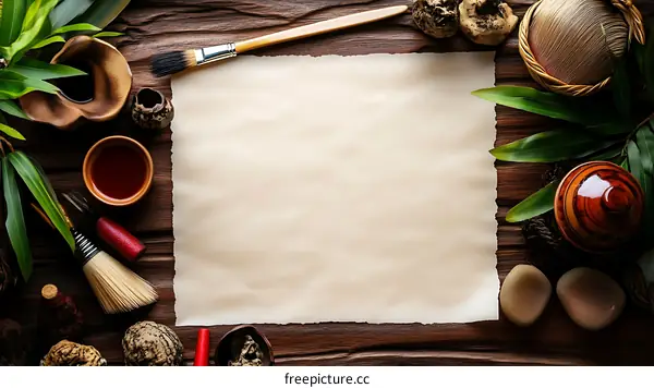 Blank Paper with Artistic Supplies on Wooden Background