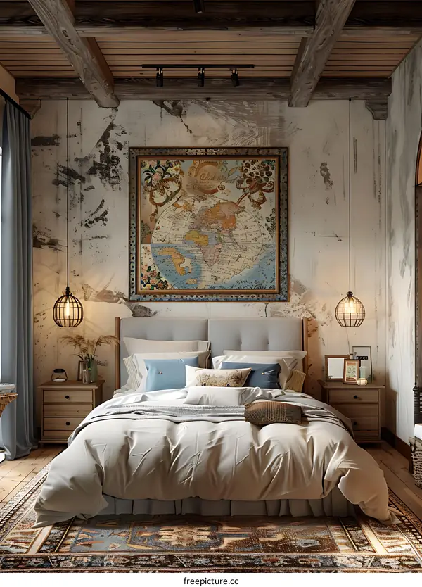 A cozy bedroom with a vintage world map painting on the wall