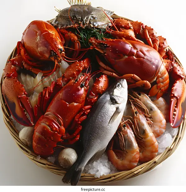 A variety of seafood on ice in a basket
