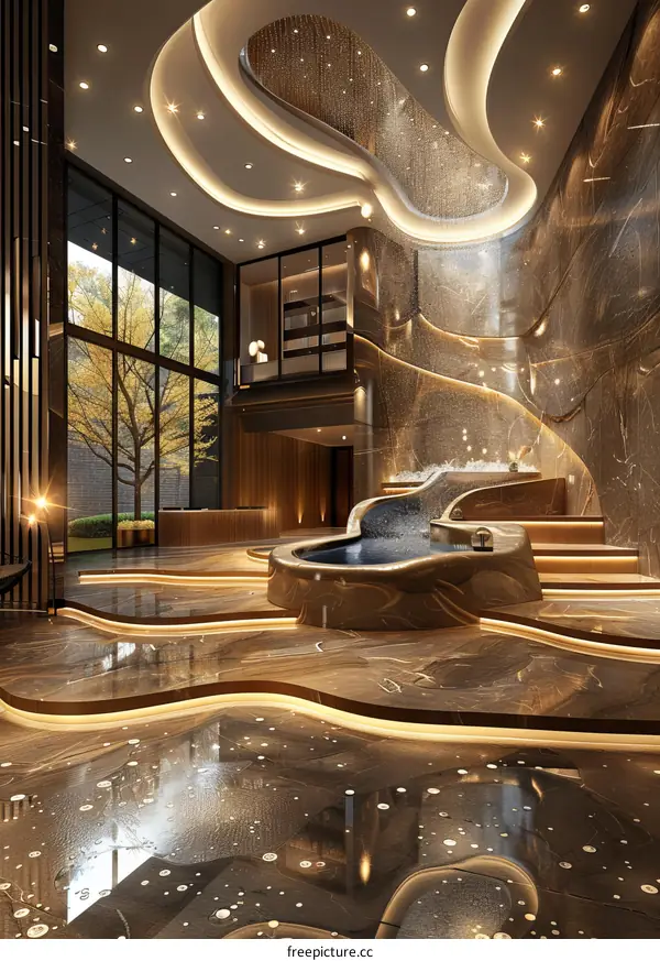 Modern hotel lobby interior with marble walls and curved staircase