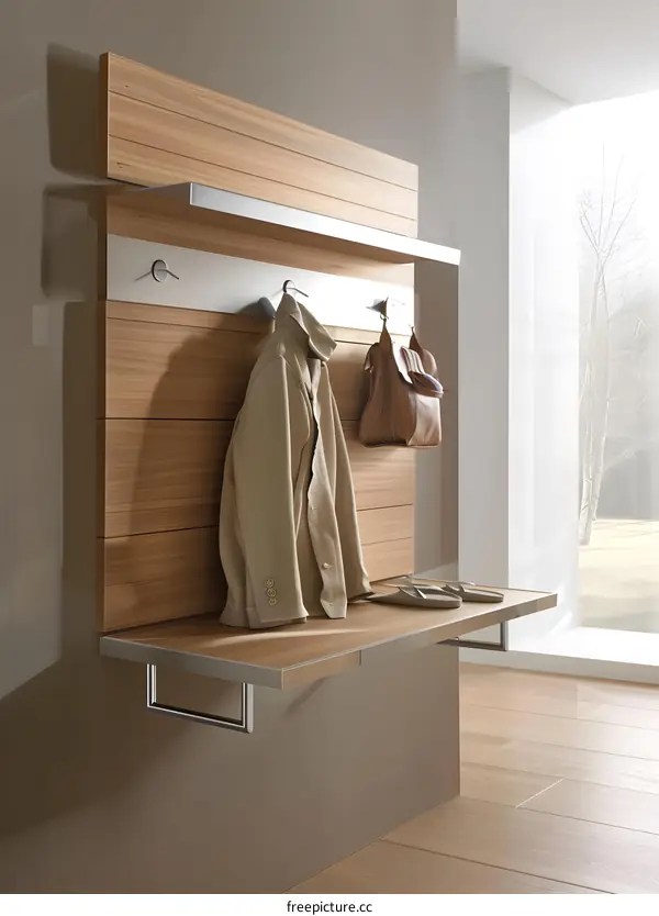 Modern Wooden Wall Mounted Shelf with Hooks for Entryway