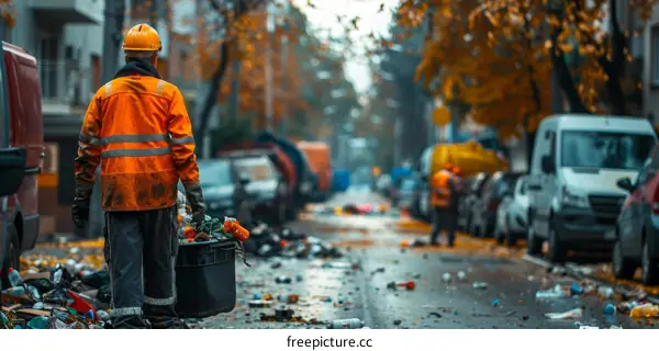 Garbage collectors in the rain