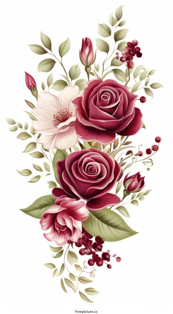 Vintage Watercolor Burgundy Rose and Magnolia Bouquet