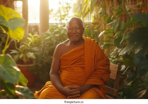 Portrait of a smiling Buddhist monk sitting in a lush garden