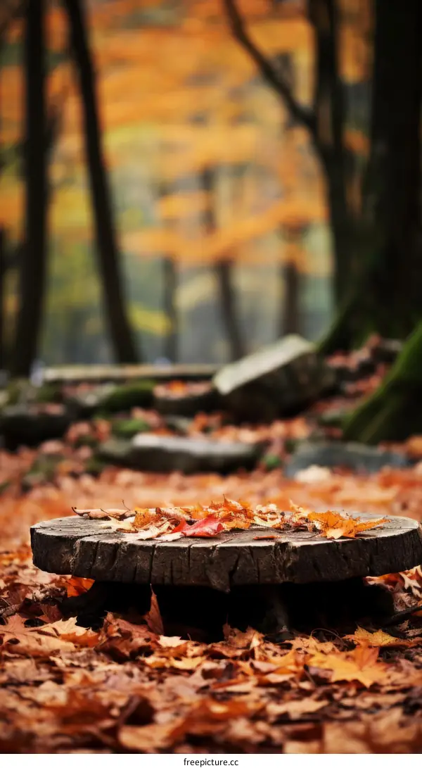 Fallen leaves on a wooden stump in the middle of a forest with blurred background