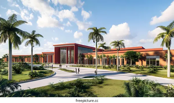 Modern Building with Palm Trees and People Walking in Front