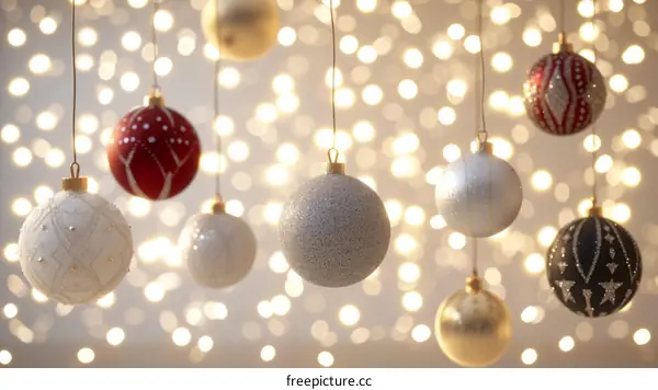 Christmas ornaments hanging in front of a blurry background of white lights.