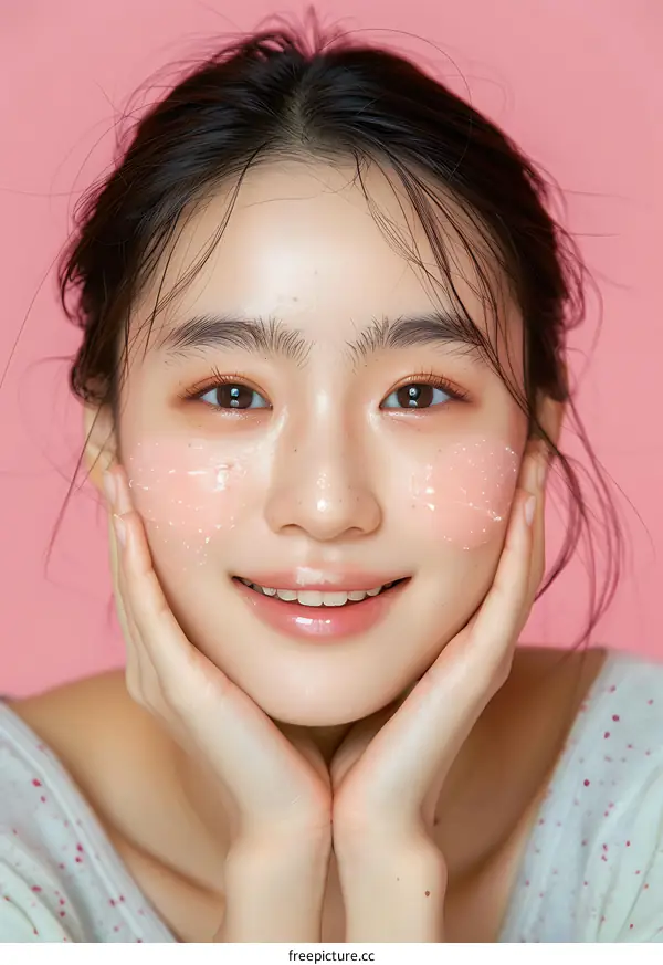 Smiling Asian Woman with Pink Face Mask on Pink Background