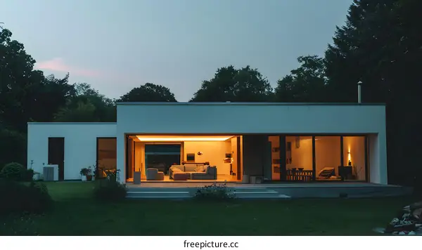 Modern White House with Large Windows at Dusk
