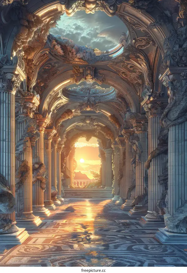 Intricate Hallway with Marble Floor and Statues