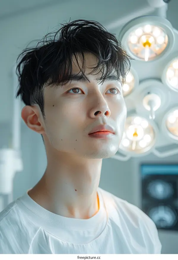 Portrait of a young Asian male doctor looking up at the lights in a hospital