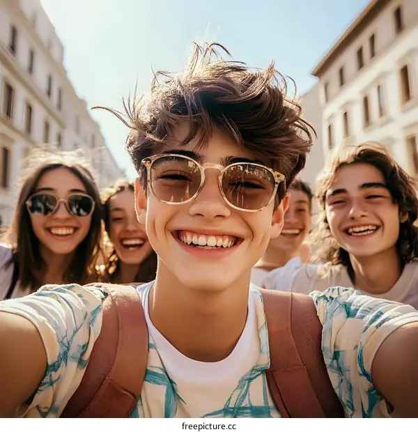 Group of Happy Teenagers Taking Selfie in City Street