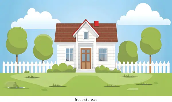 Cartoon Illustration of a White House with Brown Roof