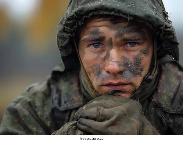 Portrait of a young soldier in the rain