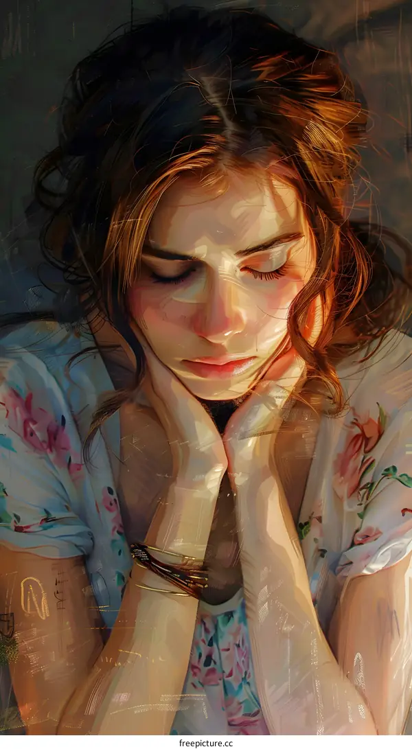 An illustration of a young woman with long brown hair and her hands on her face