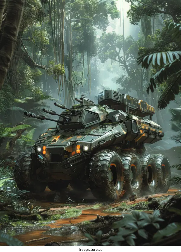 Armored Vehicle Drives Through Lush Jungle