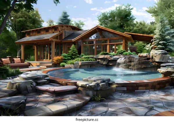 Modern Cabin with Waterfall and Pool