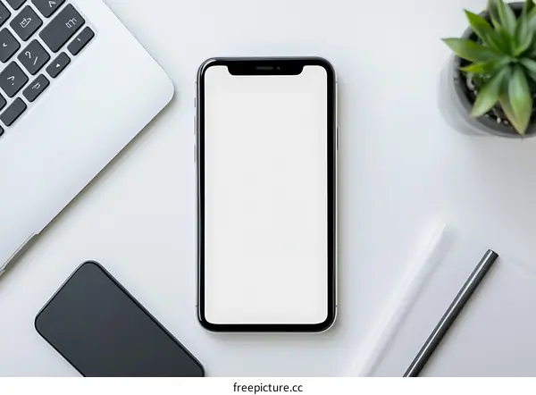 Flat Lay Mockup of Smartphone, Laptop, Notebook and Plant