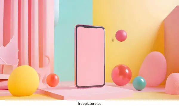 Pink and Yellow 3D Geometric Shapes with a Phone Mockup