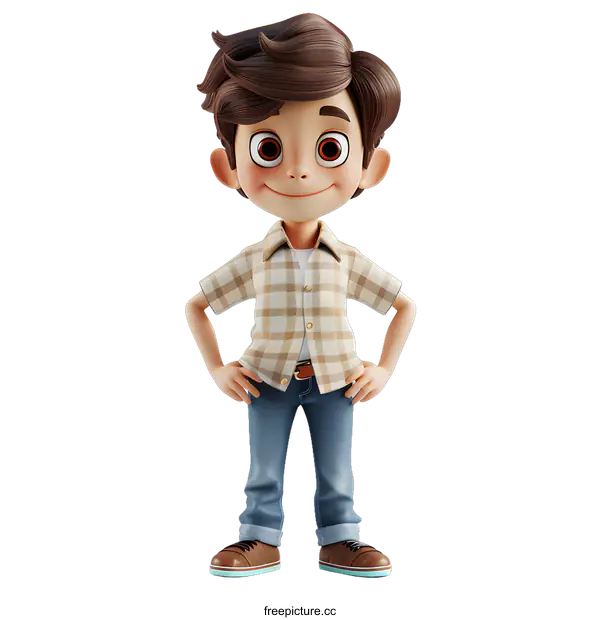 [Transparent Background PNG]A 3D rendering of a young boy with brown hair and brown eyes wearing a plaid shirt and jeans