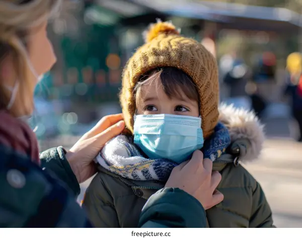 Mother putting a face mask on her child during COVID-19 pandemic